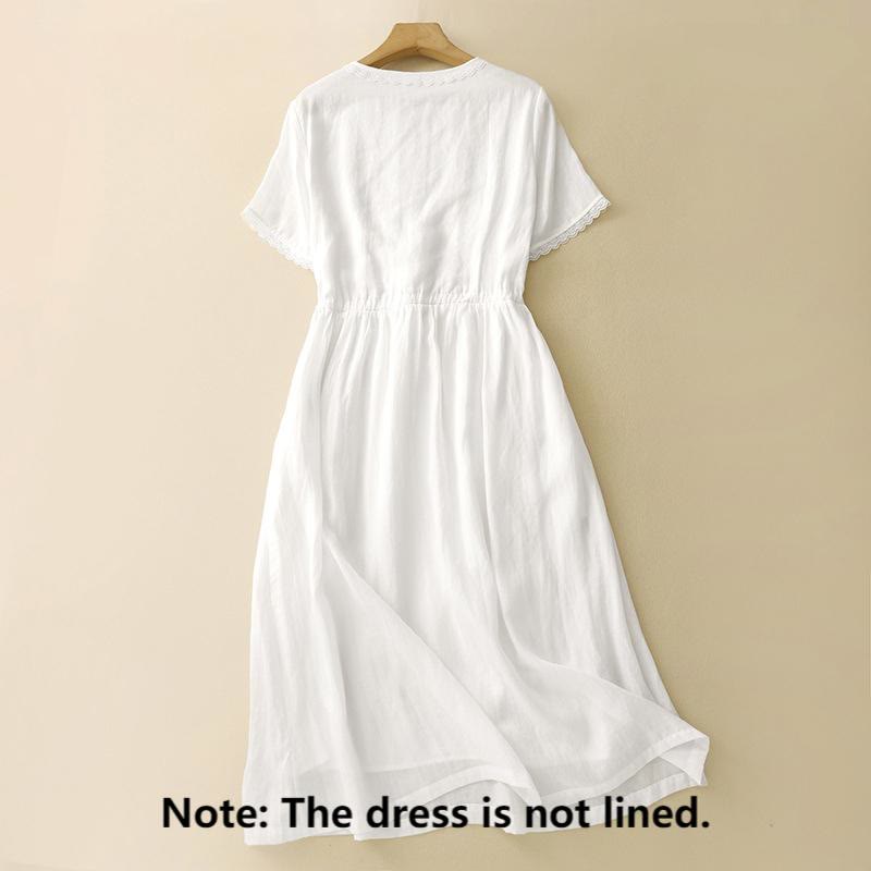 Buddha Stones Commute Embroidery Pleated Button Drawstring Design Cotton Linen Ruffled Short Sleeve Midi Dress