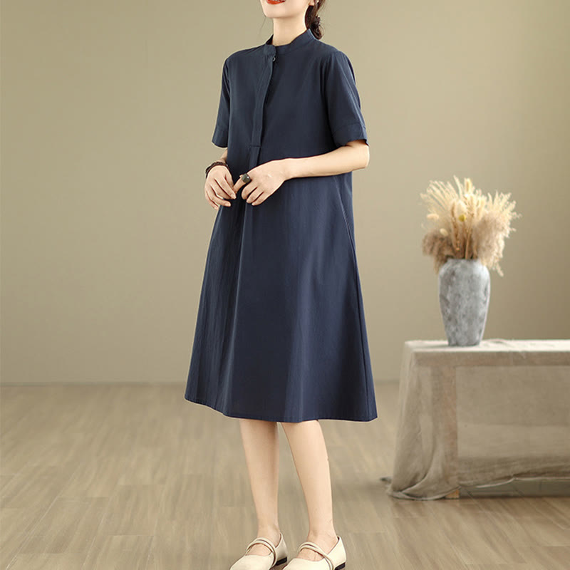 Buddha Stones Commute Plaid Pattern Simple Design Cotton Half Sleeve Midi Dress With Pockets