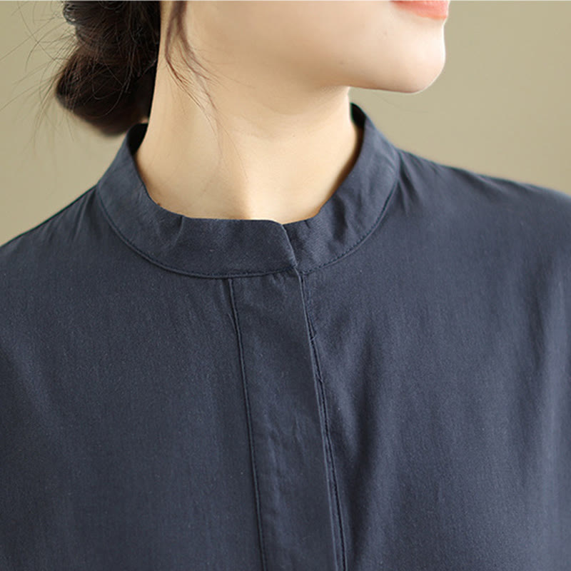 Buddha Stones Commute Plaid Pattern Simple Design Cotton Half Sleeve Midi Dress With Pockets
