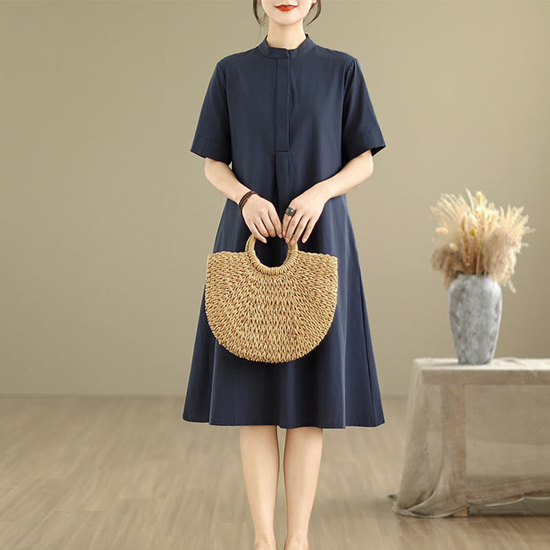 Buddha Stones Commute Plaid Pattern Simple Design Cotton Half Sleeve Midi Dress With Pockets