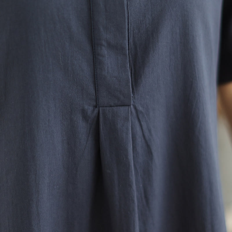 Buddha Stones Commute Plaid Pattern Simple Design Cotton Half Sleeve Midi Dress With Pockets