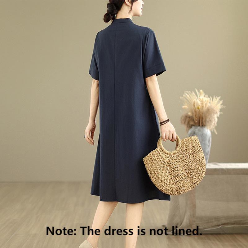 Buddha Stones Commute Plaid Pattern Simple Design Cotton Half Sleeve Midi Dress With Pockets