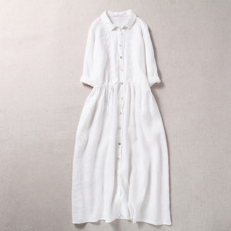 Buddha Stones Fall Embroidery Button Design Cotton Linen Long Sleeve Midi Dress With Pockets