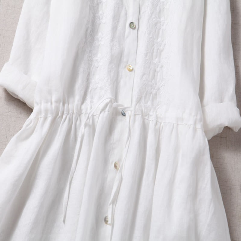 Buddha Stones Fall Embroidery Button Design Cotton Linen Long Sleeve Midi Dress With Pockets