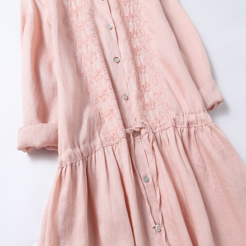 Buddha Stones Fall Embroidery Button Design Cotton Linen Long Sleeve Midi Dress With Pockets