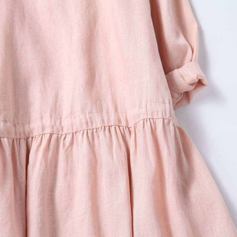 Buddha Stones Fall Embroidery Button Design Cotton Linen Long Sleeve Midi Dress With Pockets