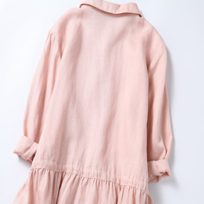 Buddha Stones Fall Embroidery Button Design Cotton Linen Long Sleeve Midi Dress With Pockets