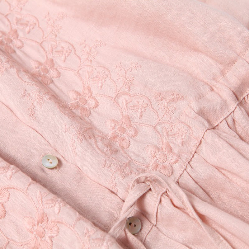 Buddha Stones Fall Embroidery Button Design Cotton Linen Long Sleeve Midi Dress With Pockets