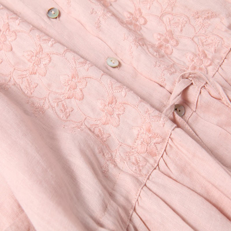 Buddha Stones Fall Embroidery Button Design Cotton Linen Long Sleeve Midi Dress With Pockets