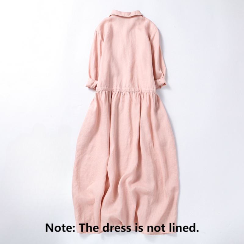 Buddha Stones Fall Embroidery Button Design Cotton Linen Long Sleeve Midi Dress With Pockets