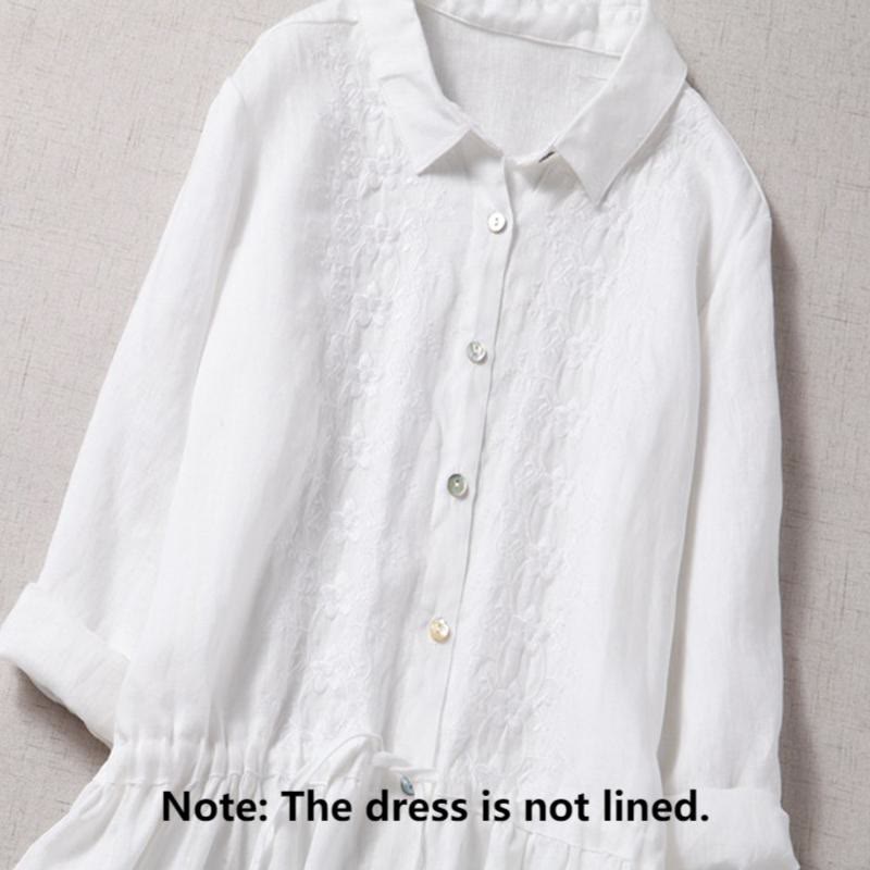 Buddha Stones Fall Embroidery Button Design Cotton Linen Long Sleeve Midi Dress With Pockets