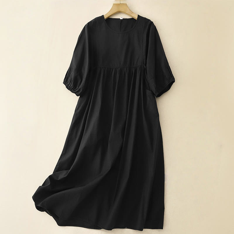 Buddha Stones Vintage Lace-Up Simple Design Cotton Linen Three Quarter Puff Sleeve Midi Dress With Pockets