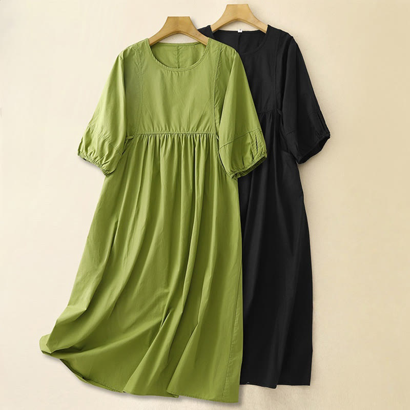 Buddha Stones Vintage Lace-Up Simple Design Cotton Linen Three Quarter Puff Sleeve Midi Dress With Pockets