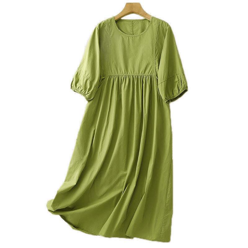 Buddha Stones Vintage Lace-Up Simple Design Cotton Linen Three Quarter Puff Sleeve Midi Dress With Pockets