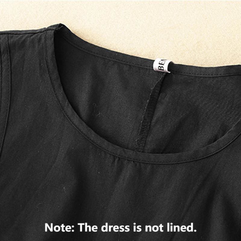 Buddha Stones Vintage Lace-Up Simple Design Cotton Linen Three Quarter Puff Sleeve Midi Dress With Pockets