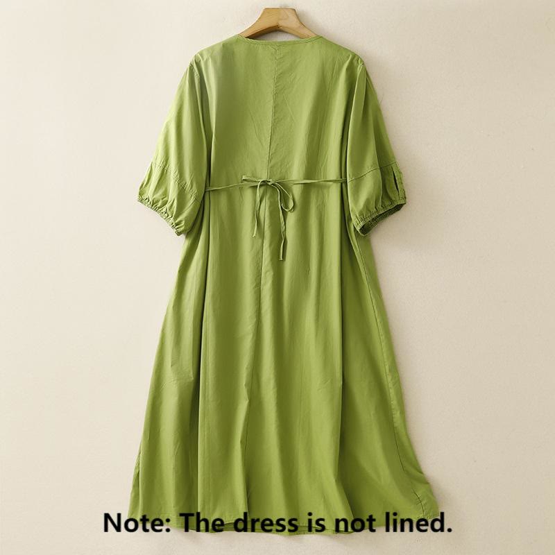 Buddha Stones Vintage Lace-Up Simple Design Cotton Linen Three Quarter Puff Sleeve Midi Dress With Pockets