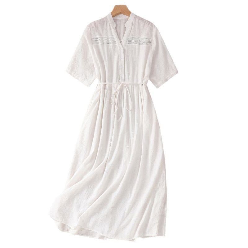 Buddha Stones Summer Plain Hollow Jacquard Design Cotton Short Sleeve Midi Dress With Pockets
