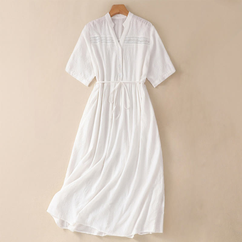 Buddha Stones Summer Plain Hollow Jacquard Design Cotton Short Sleeve Midi Dress With Pockets