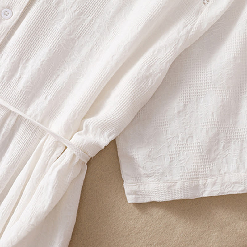 Buddha Stones Summer Plain Hollow Jacquard Design Cotton Short Sleeve Midi Dress With Pockets