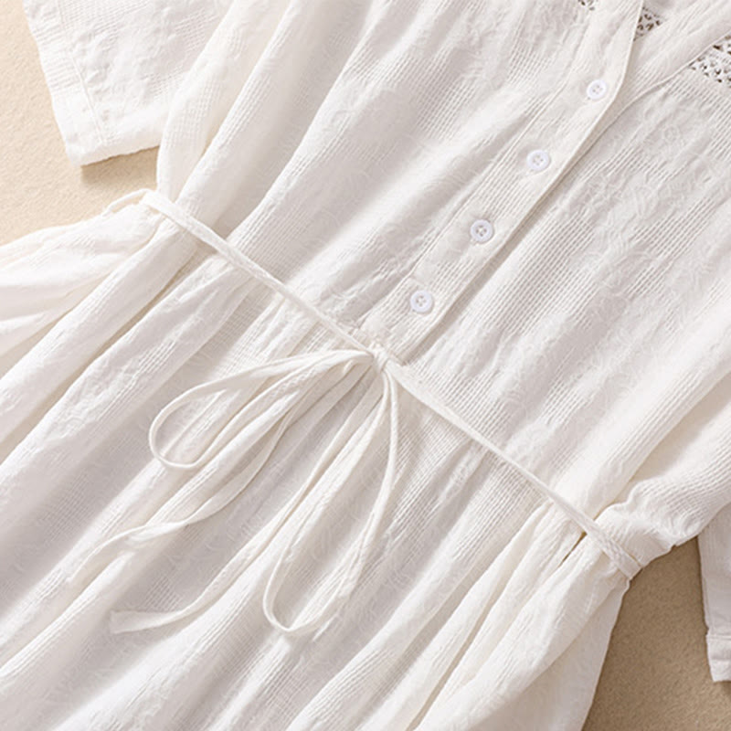 Buddha Stones Summer Plain Hollow Jacquard Design Cotton Short Sleeve Midi Dress With Pockets