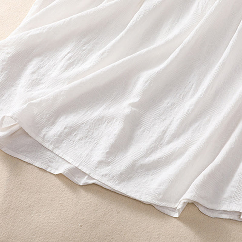 Buddha Stones Summer Plain Hollow Jacquard Design Cotton Short Sleeve Midi Dress With Pockets