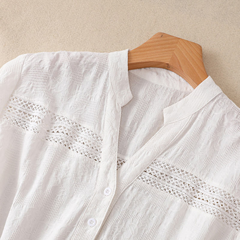 Buddha Stones Summer Plain Hollow Jacquard Design Cotton Short Sleeve Midi Dress With Pockets
