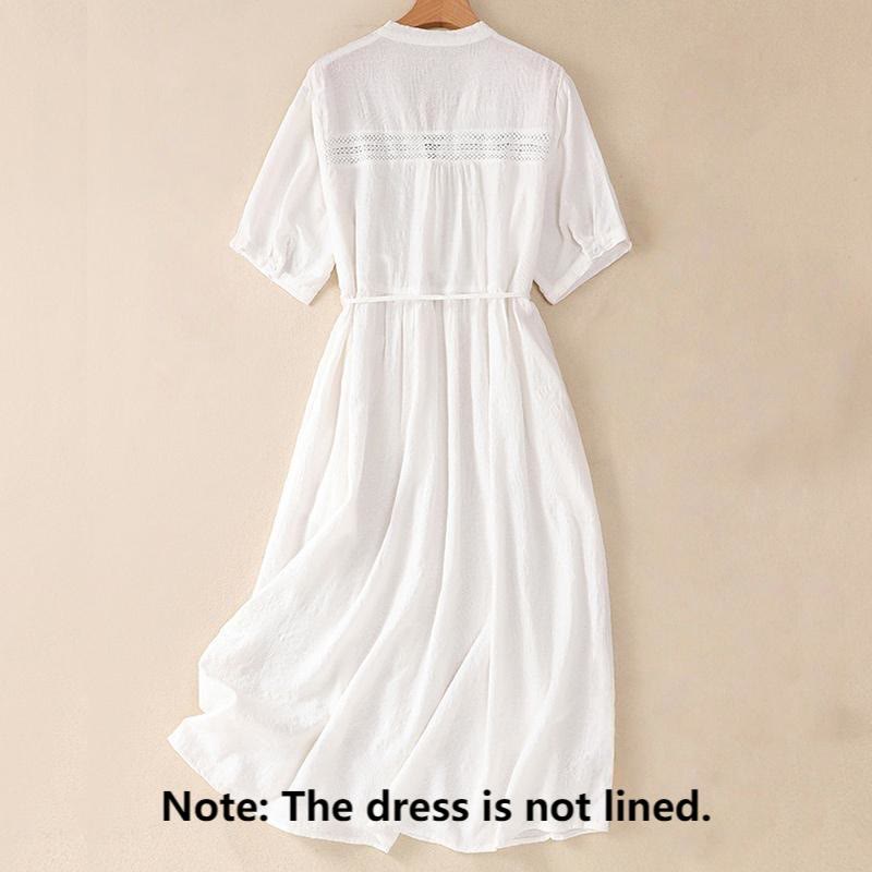 Buddha Stones Summer Plain Hollow Jacquard Design Cotton Short Sleeve Midi Dress With Pockets