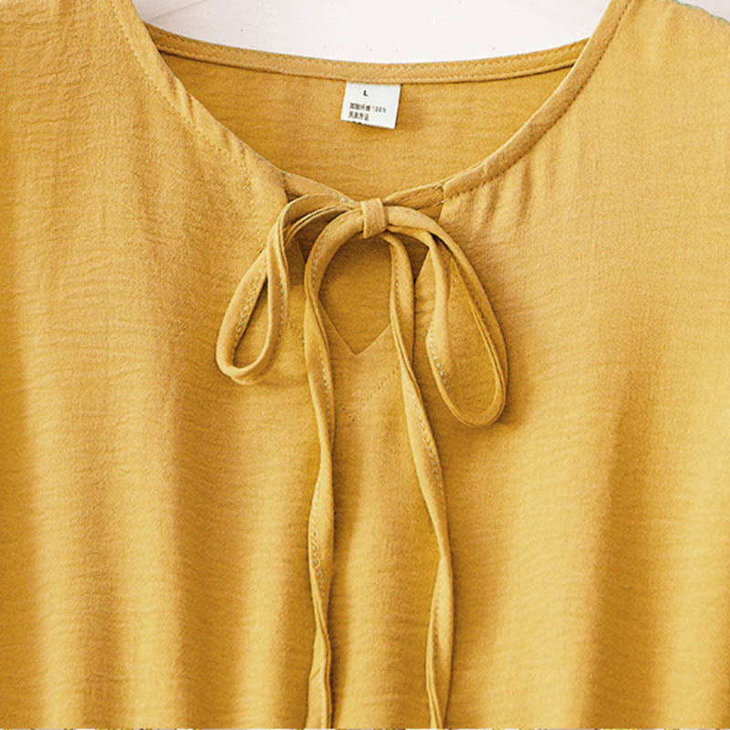 Buddha Stones Casual Plain Handmade Lace-up Midi Dress Cotton Linen Sleeveless Dress With Pockets