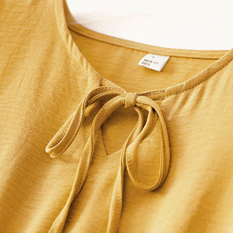 Buddha Stones Casual Plain Handmade Lace-up Midi Dress Cotton Linen Sleeveless Dress With Pockets