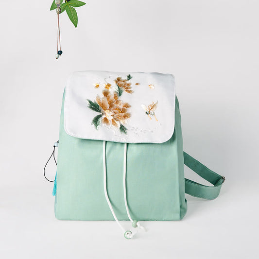 Buddha Stones Handmade Green Peony Flowers Embroidered Large Capacity Canvas Backpack