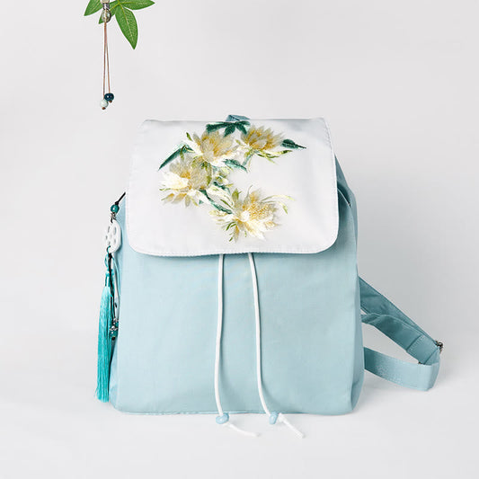 Buddha Stones Handmade Blue Epiphyllum Embroidered Large Capacity Canvas Backpack