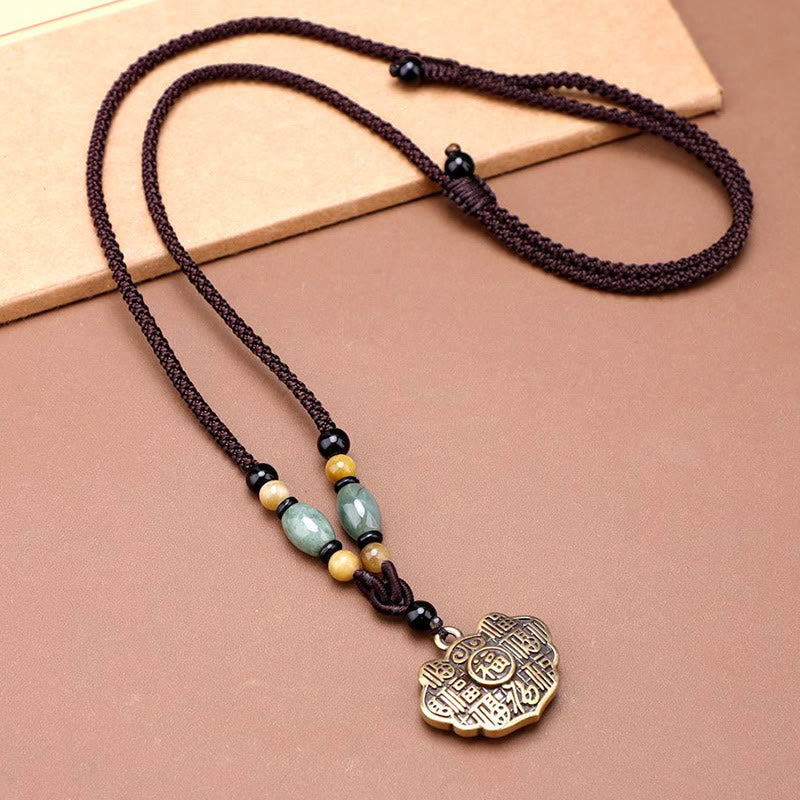 Buddha Stones Copper Brass Fu Character Luck Fortune Rope Necklace Pendant