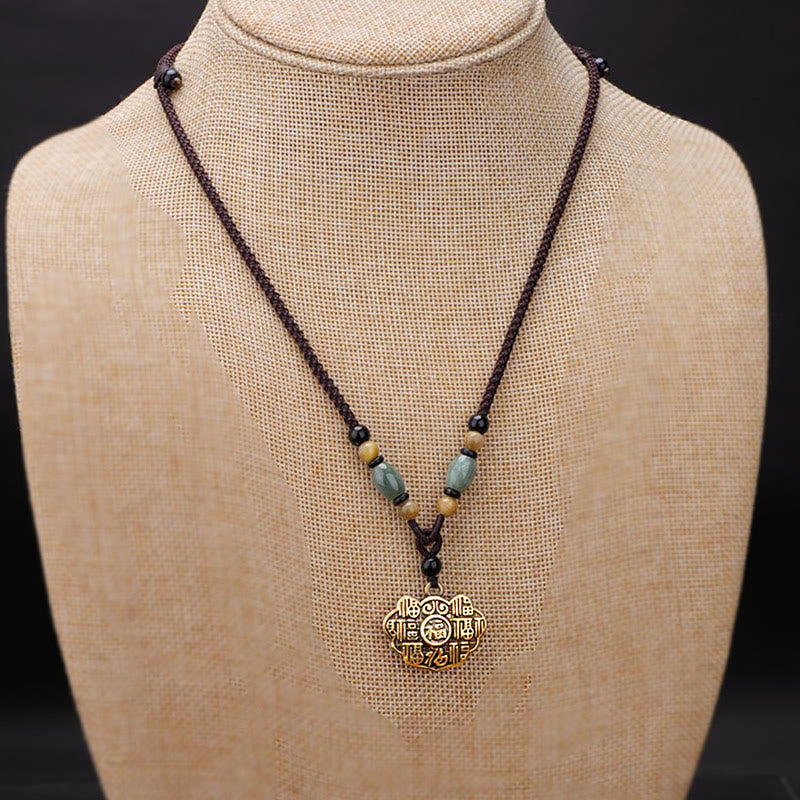 Buddha Stones Copper Brass Fu Character Luck Fortune Rope Necklace Pendant