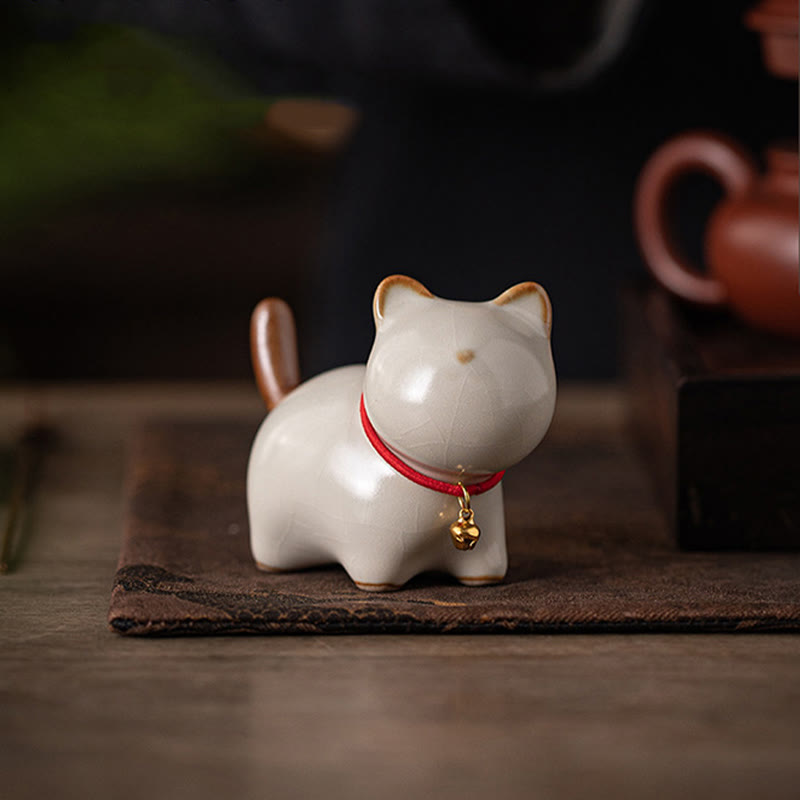 Buddha Stones Mini Lucky Cute Standing Cat Red Rope Bell Ceramic Figurine Decoration