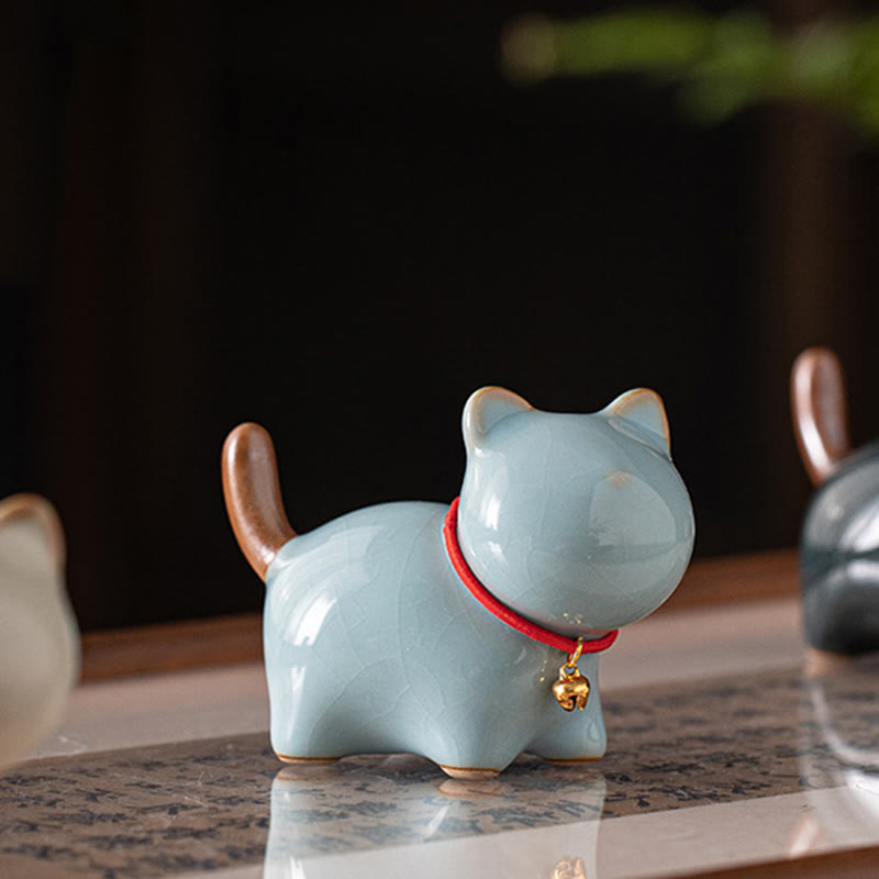Buddha Stones Mini Lucky Cute Standing Cat Red Rope Bell Ceramic Figurine Decoration