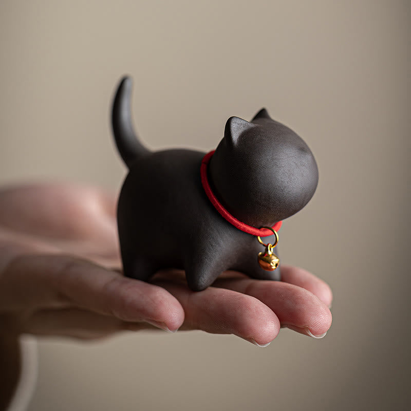 Buddha Stones Mini Lovely Red Rope Bell Cat Tea Pet Purple Clay Figurine Desk Decoration