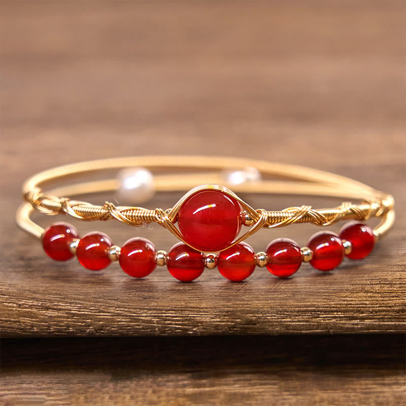 Buddha Stones 14K Gold Filled Copper Natural Red Agate Beads Confidence Metal Cuff Bracelet Bangle