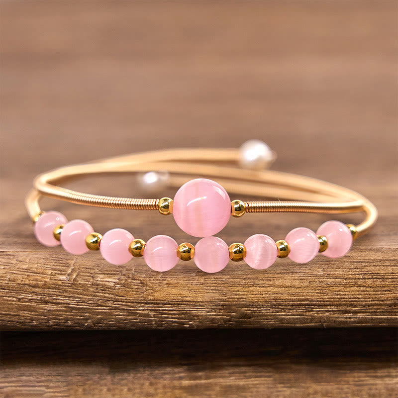 Buddha Stones 14K Gold Filled Copper Pink Cat Eye Support Metal Cuff Bracelet Bangle