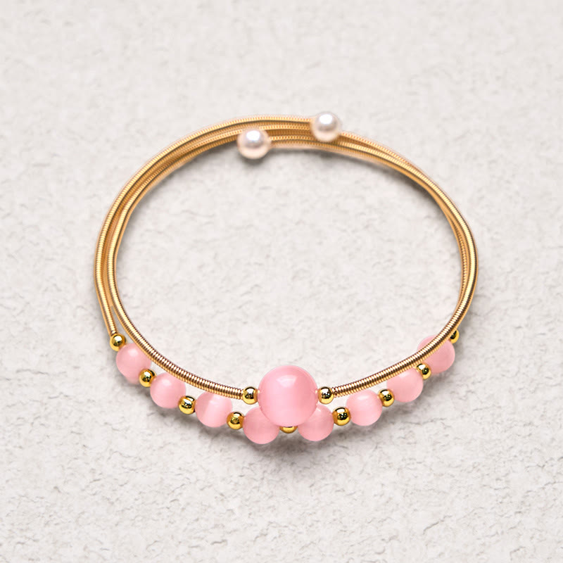 Buddha Stones 14K Gold Filled Copper Pink Cat Eye Support Metal Cuff Bracelet Bangle