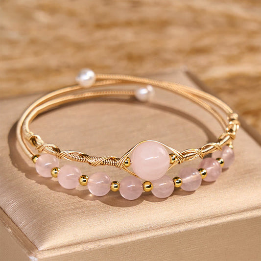Buddha Stones Natural Rose Quartz Love Healing Metal Cuff Bracelet Bangle