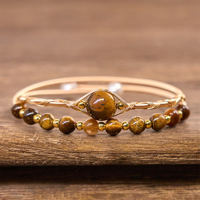 Buddha Stones 14K Gold Filled Copper Natural Tiger Eye Protection Metal Cuff Bracelet Bangle