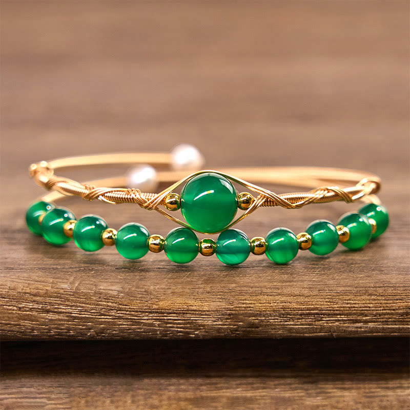 Buddha Stones 14K Gold Filled Copper Natural Green Agate Power Metal Cuff Bracelet Bangle