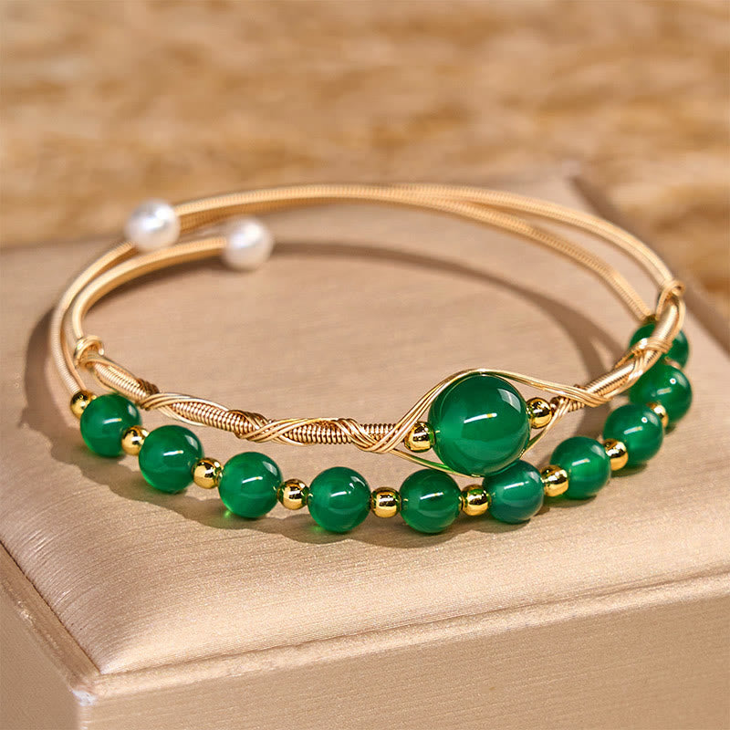 Buddha Stones 14K Gold Filled Copper Natural Green Agate Power Metal Cuff Bracelet Bangle