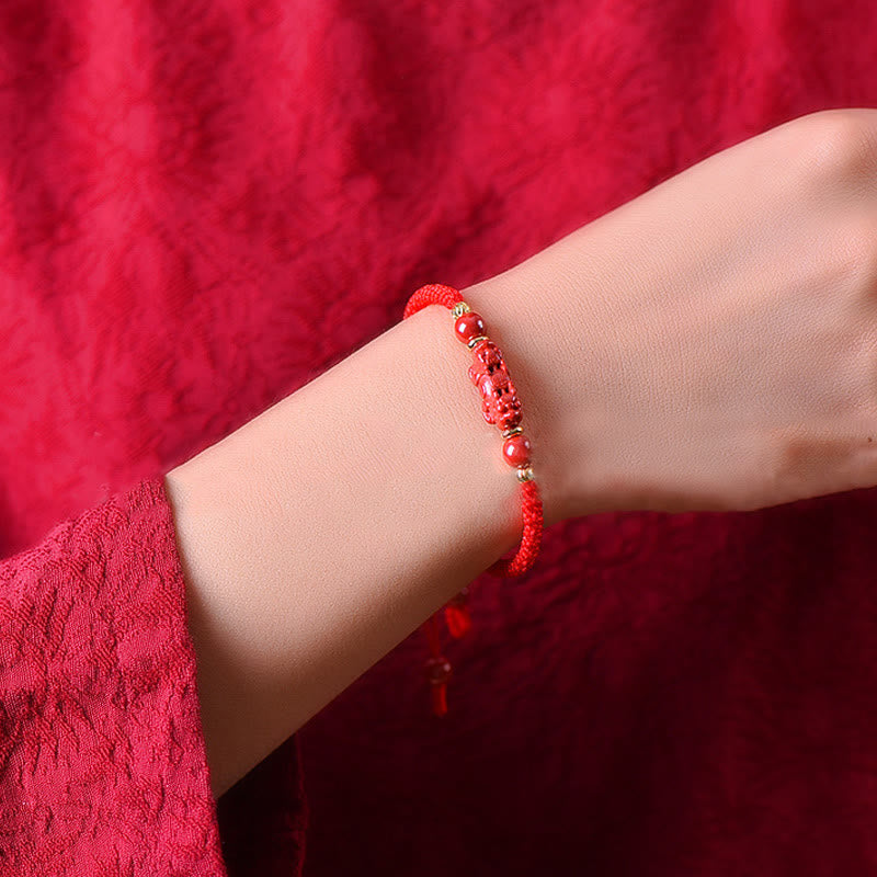 Buddha Stones Handcrafted Pixiu Cinnabar Ruyi Stick Wealth Luck Braided Bracelet