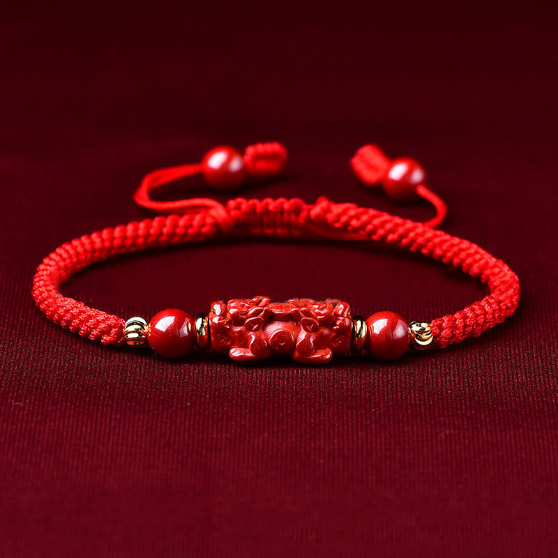 Buddha Stones Handcrafted Pixiu Cinnabar Ruyi Stick Wealth Luck Braided Bracelet