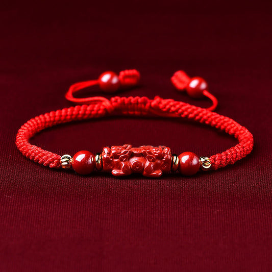 Buddha Stones Handcrafted Pixiu Cinnabar Ruyi Stick Wealth Luck Braided Bracelet