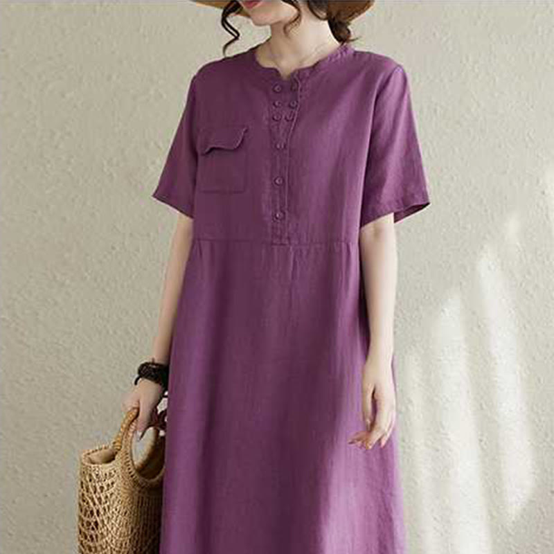 Buddha Stones Stand Collar Buttons Design Linen Short Sleeve Midi Dress With Pockets