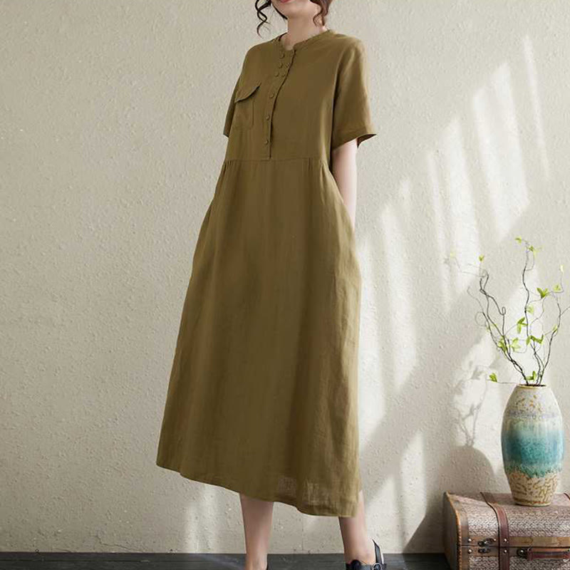 Buddha Stones Stand Collar Buttons Design Linen Short Sleeve Midi Dress With Pockets