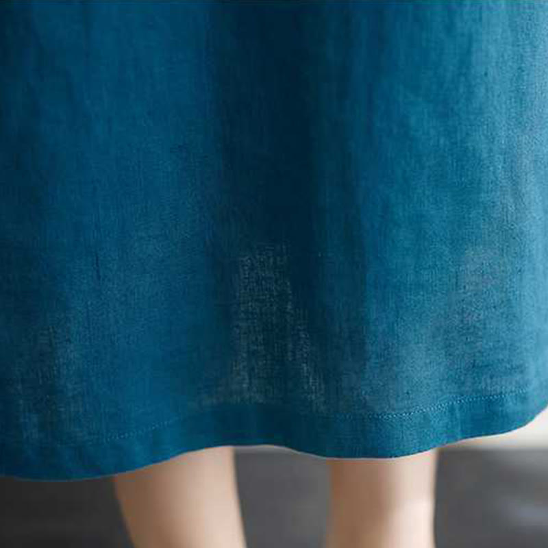 Buddha Stones Stand Collar Buttons Design Linen Short Sleeve Midi Dress With Pockets