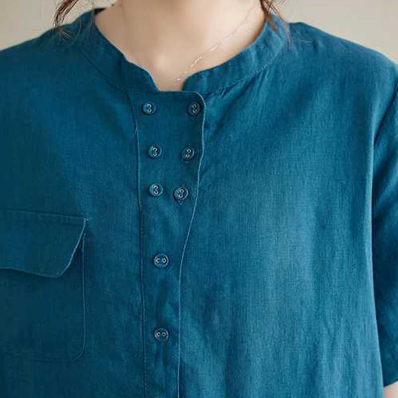 Buddha Stones Stand Collar Buttons Design Linen Short Sleeve Midi Dress With Pockets